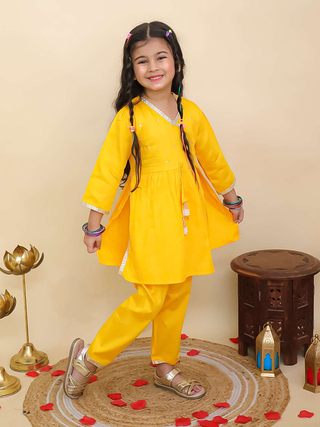 Boys Yellow Cotton Full sleeves Solid Kurta Pyjama Set and Yellow Cotton 3/4th Sleeves Solid Girls Suit Set - Sibling Set