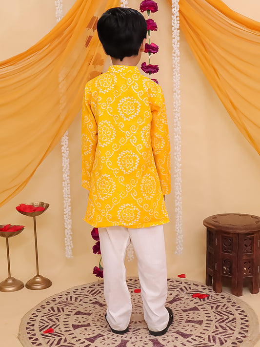 Kids Boys Yellow Cotton Full sleeves Floral Print Kurta Pyjama Set