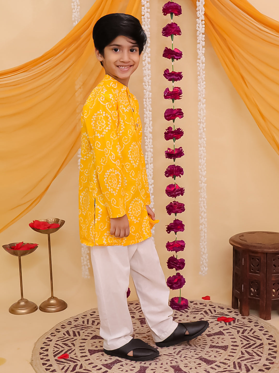 Kids Boys Yellow Cotton Full sleeves Floral Print Kurta Pyjama Set