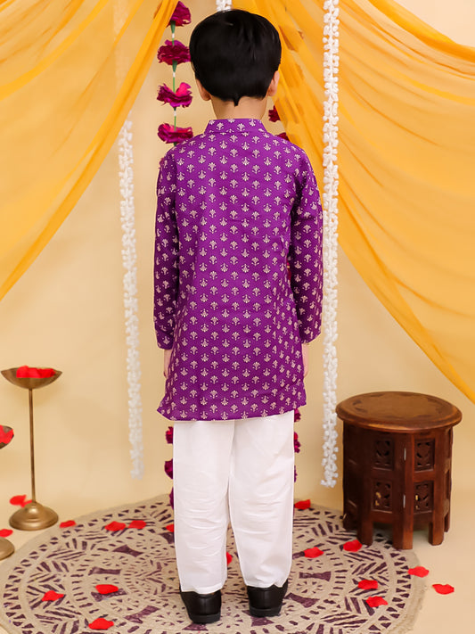 Boys Purple Cotton Full sleeves Floral Print Kurta Pyjama Set