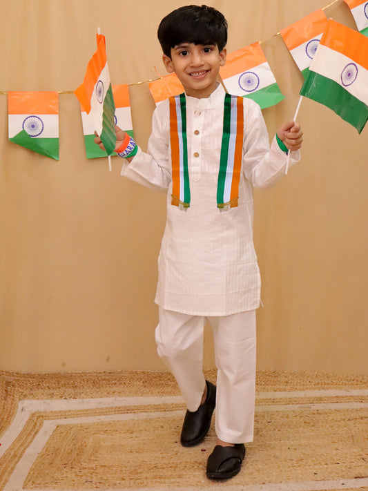 White Cotton Full sleeves Silver Striped Kurta Pyjama Set For Independence/ Republic Day