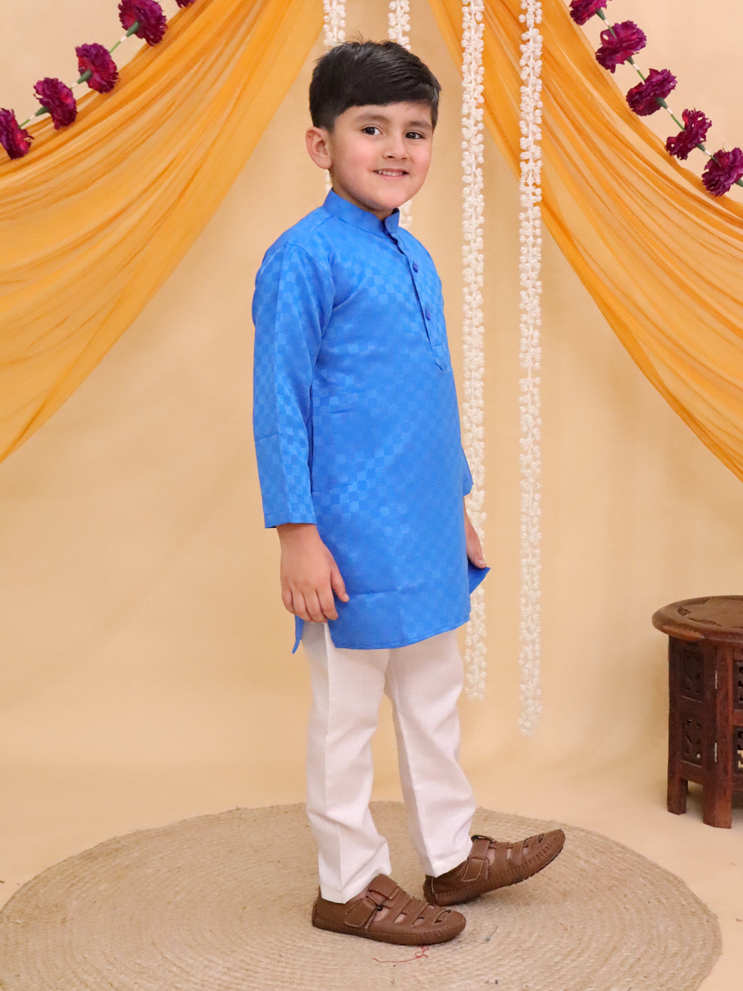 Boys Blue Cotton Full sleeves Check Kurta Pyjama Set