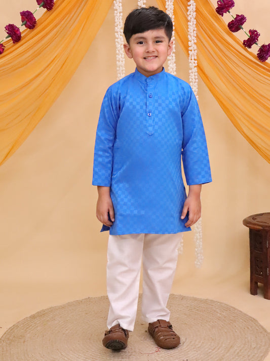 Boys Blue Cotton Full sleeves Check Kurta Pyjama Set