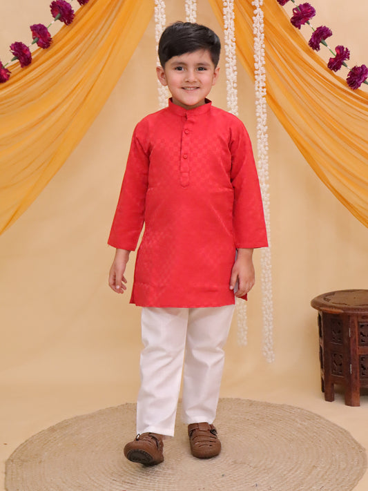 Boys Dark Orange Cotton Full sleeves Check Kurta Pyjama Set