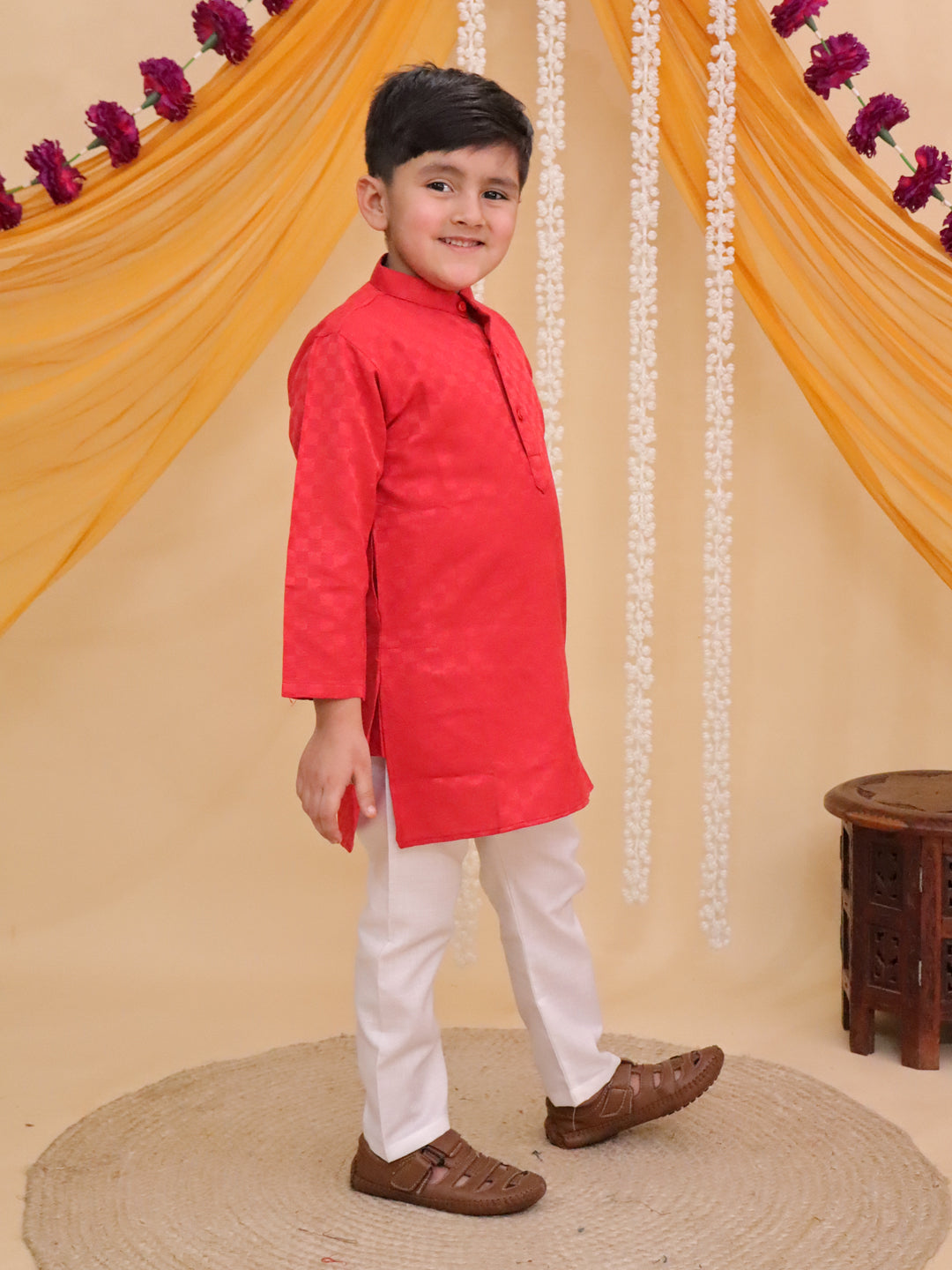 Boys Dark Orange Cotton Full sleeves Check Kurta Pyjama Set