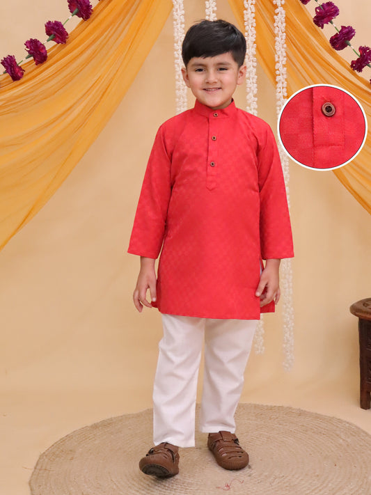 Boys Red Cotton Full sleeves Check Kurta Pyjama Set