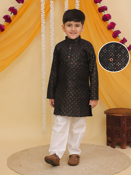 Boys Black Cotton Full sleeves Foil Printed Kurta Pyjama Set