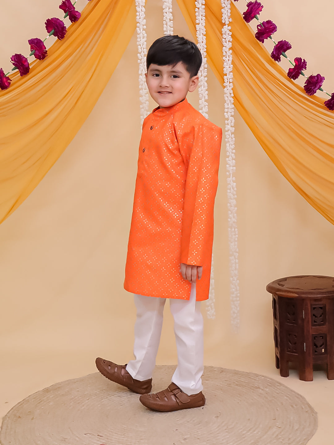 Orange Cotton Full sleeves Foil Printed Kurta Pyjama Set