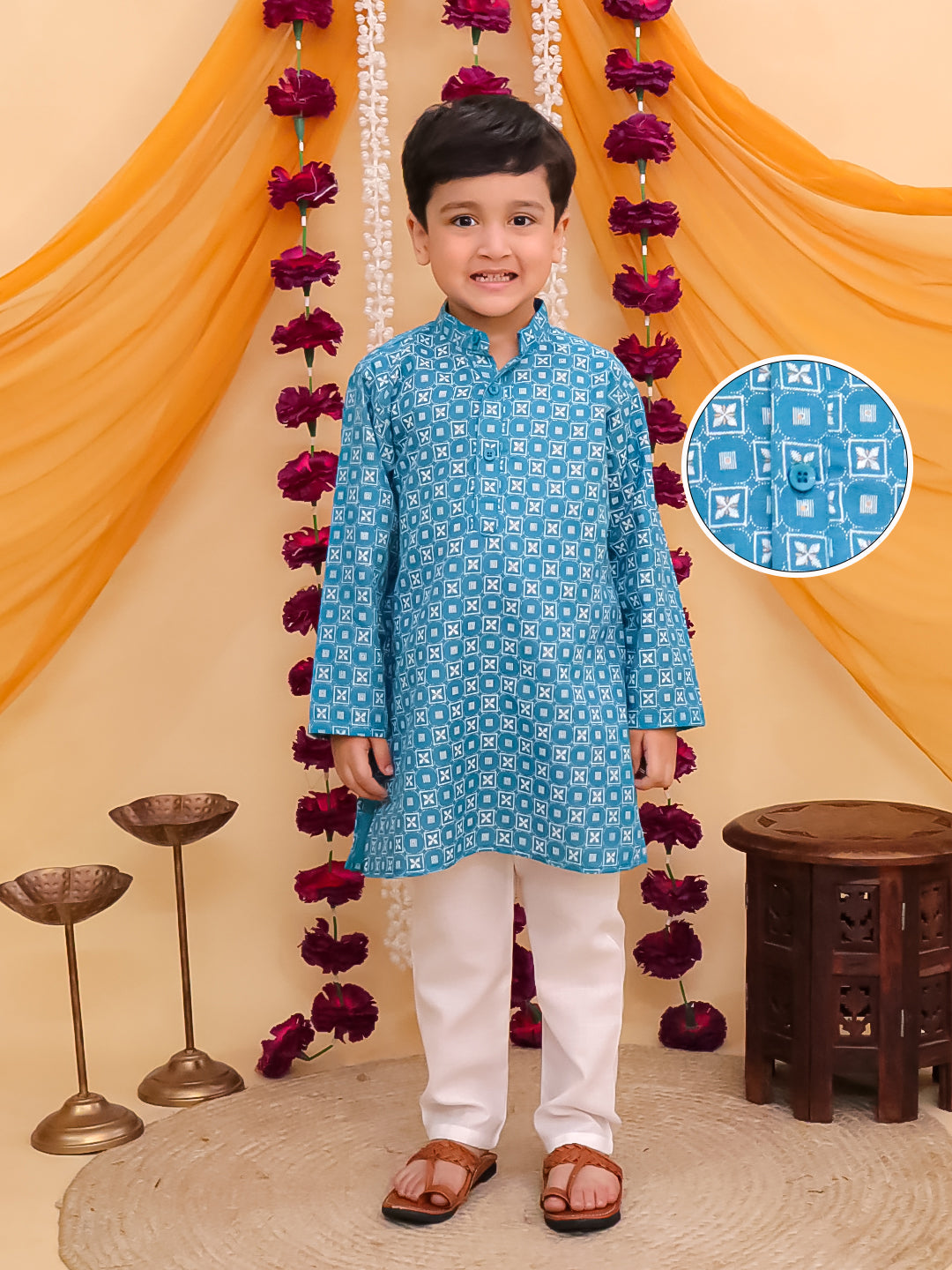 Boys Blue Cotton Full Sleeves Printed Kurta Pyjama Set