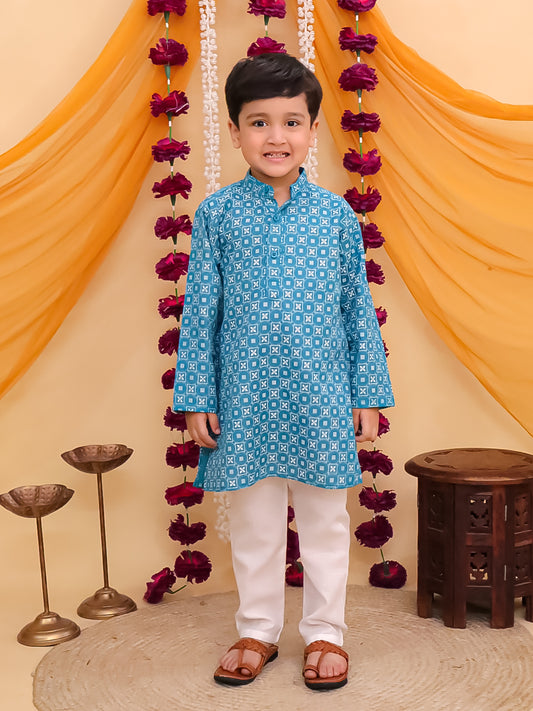 Boys Blue Cotton Full Sleeves Printed Kurta Pyjama Set