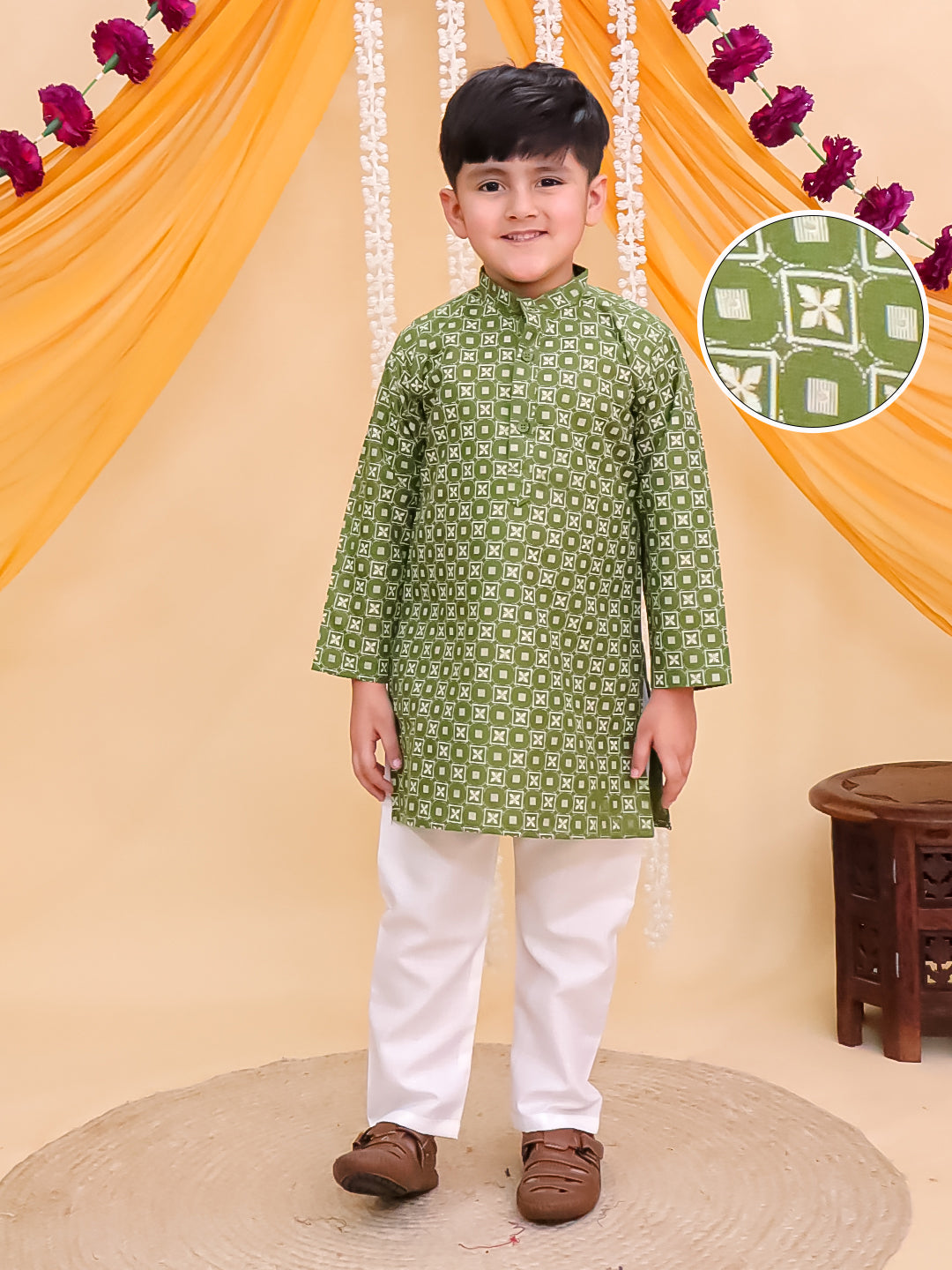 Boys Green Cotton Full Sleeves Printed Kurta Pyjama Set