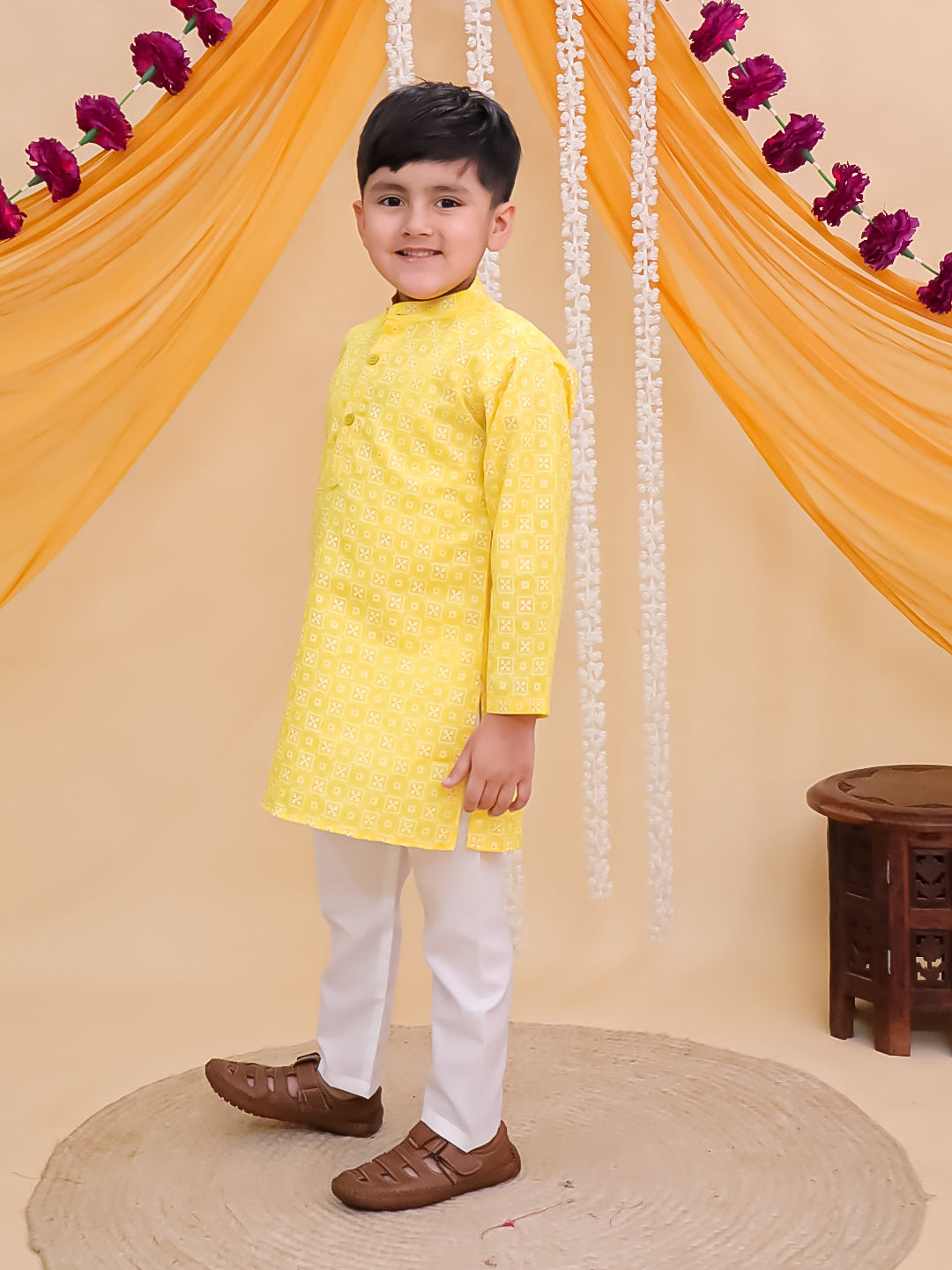 Boys Yellow Cotton Full sleeves Printed Kurta Pyjama Set