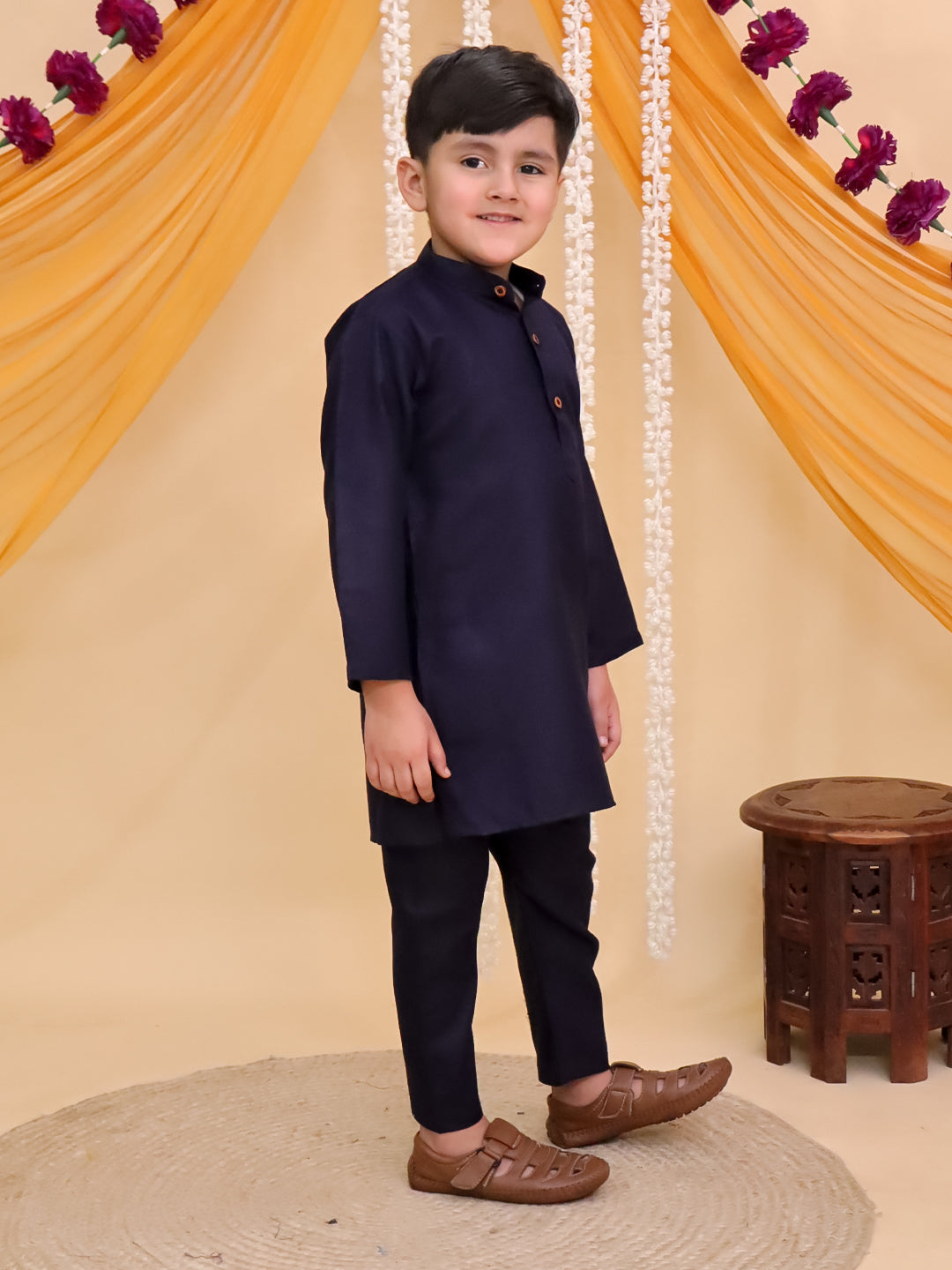 Boys Dark Blue Cotton Full sleeves Solid Kurta Pyjama Set