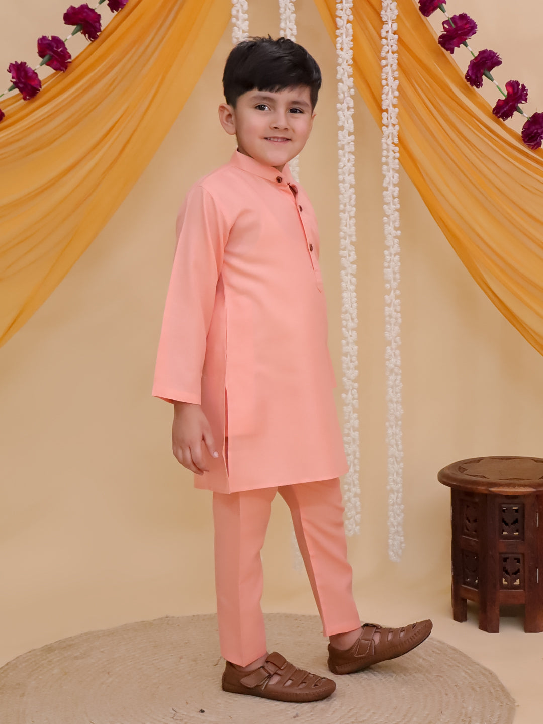 Boys Peach Cotton Full sleeves Solid Kurta Pyjama Set