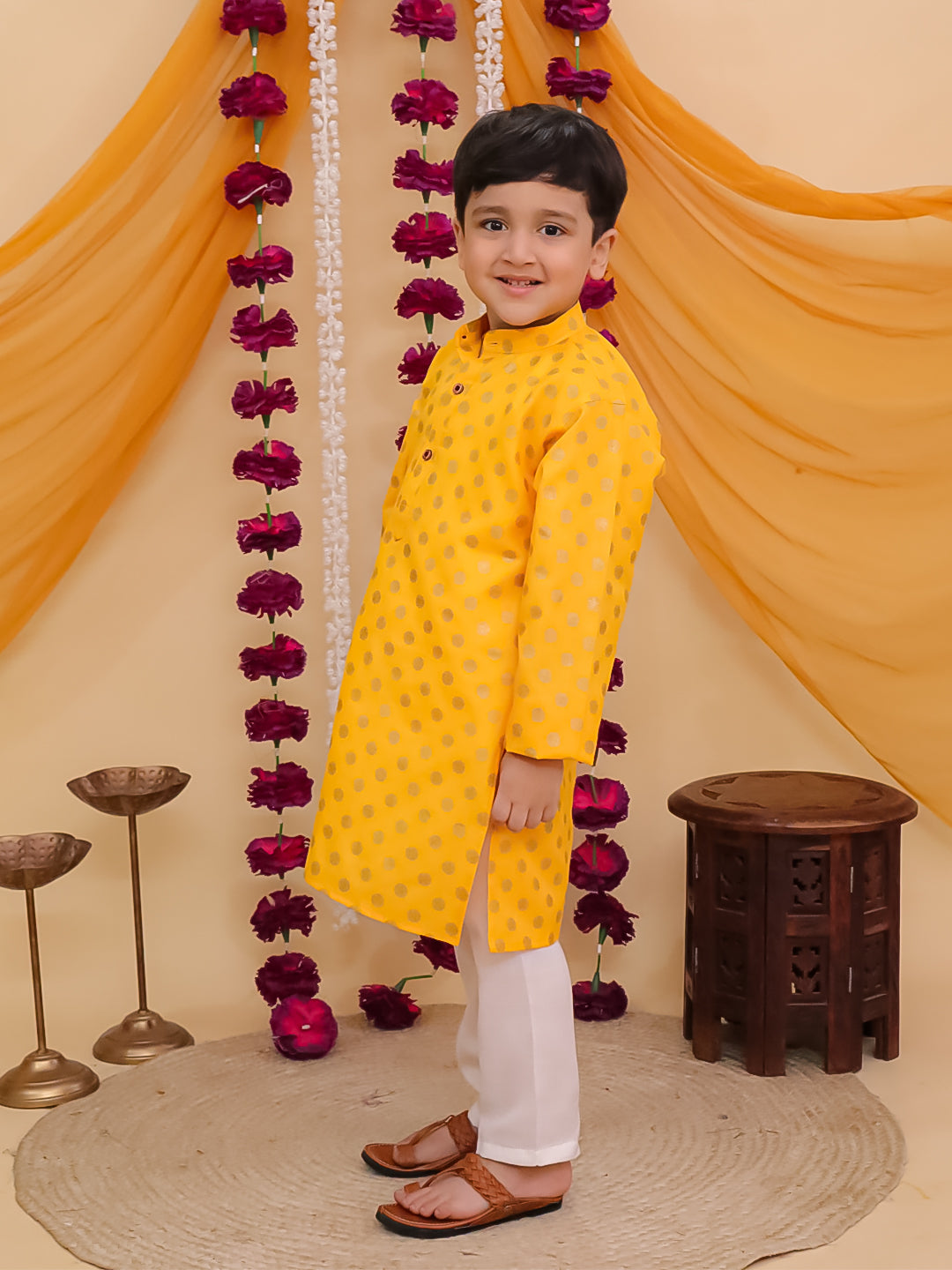 Boys Mustard Cotton Full sleeves Foil Printed Kurta Pyjama Set