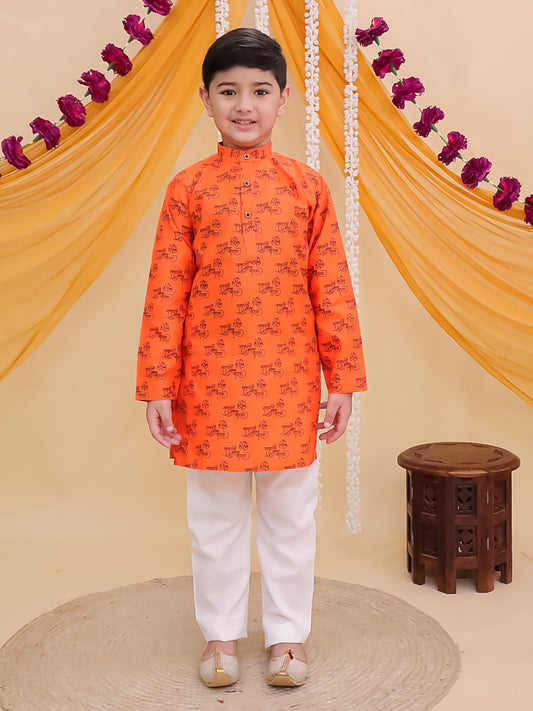 Orange Cotton Full sleeves Ganesha Printed Kurta Pyjama Set