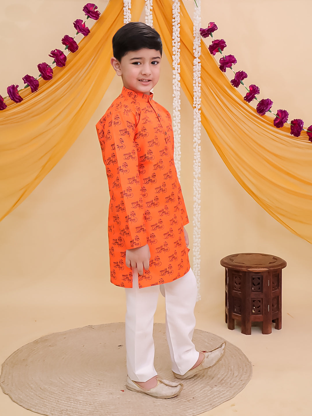 Orange Cotton Full sleeves Ganesha Printed Kurta Pyjama Set
