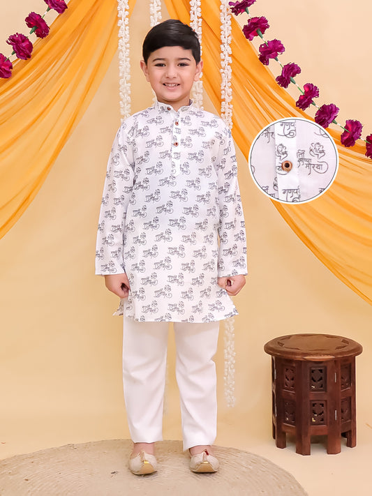 White Cotton Full sleeves Ganesha Printed Kurta Pyjama Set