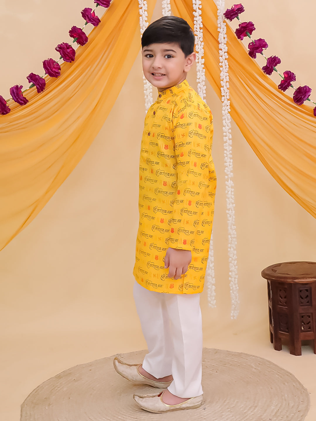 Yellow Cotton Full sleeves Ganesha Printed Kurta Pyjama Set