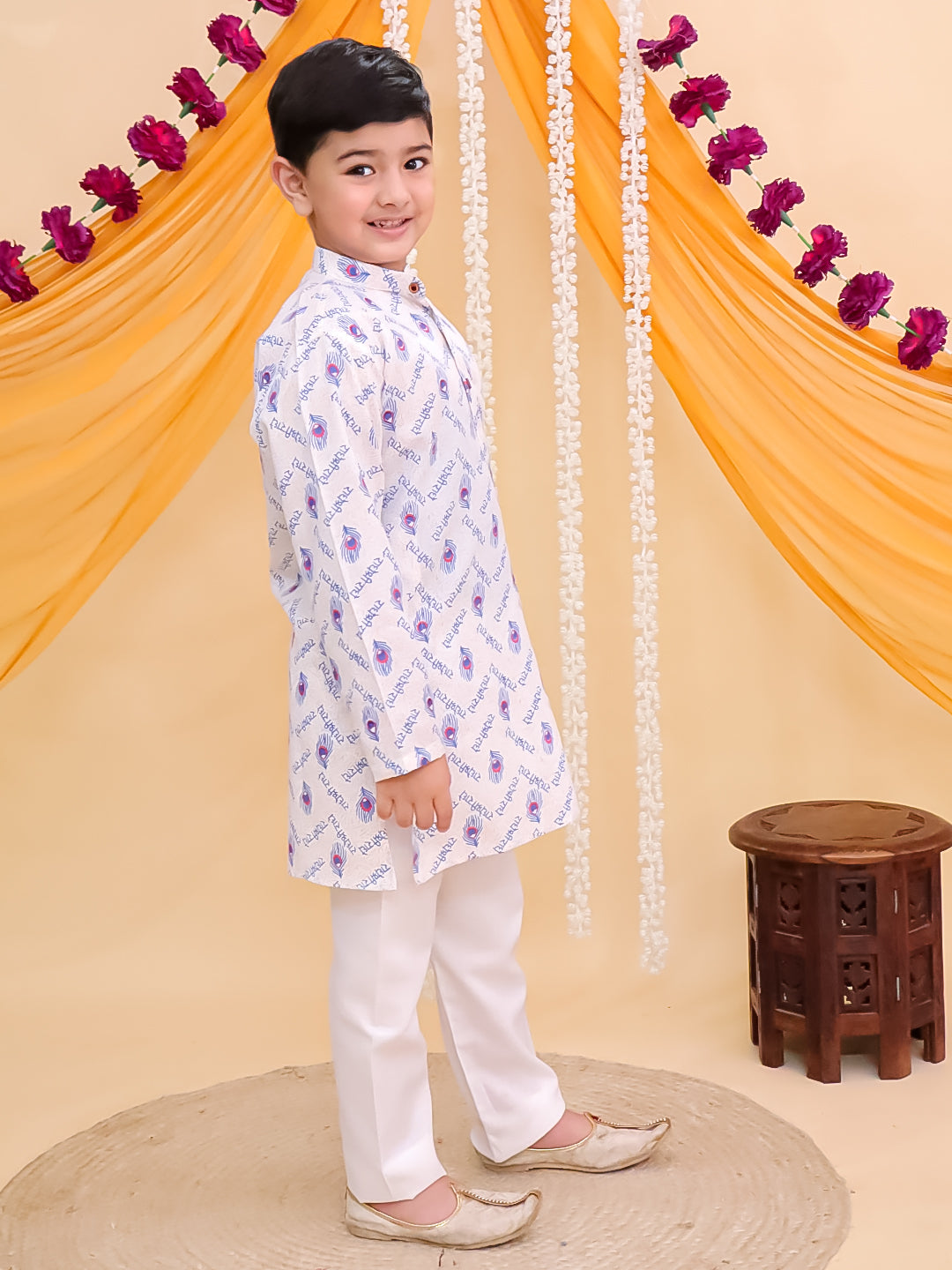 Blue Cotton Full sleeves Krishna Printed Kurta Pyjama Set