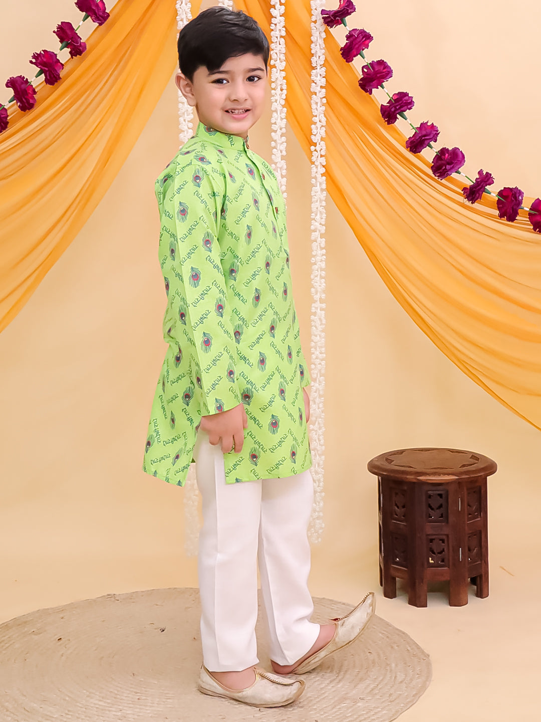 Green Cotton Full sleeves Krishna Printed Kurta Pyjama Set