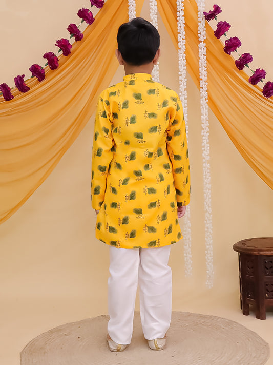 AJ Dezines Yellow Cotton Full sleeves Krishna Mor Pankh Printed Kurta Pyjama Set