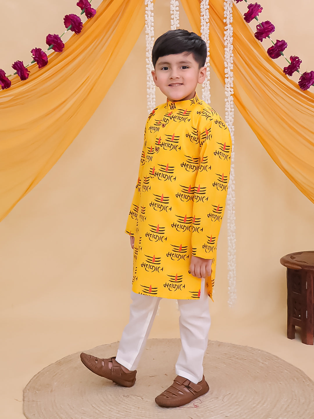 Boys Yellow Cotton Full sleeves Mahakal Printed Kurta Pyjama Set