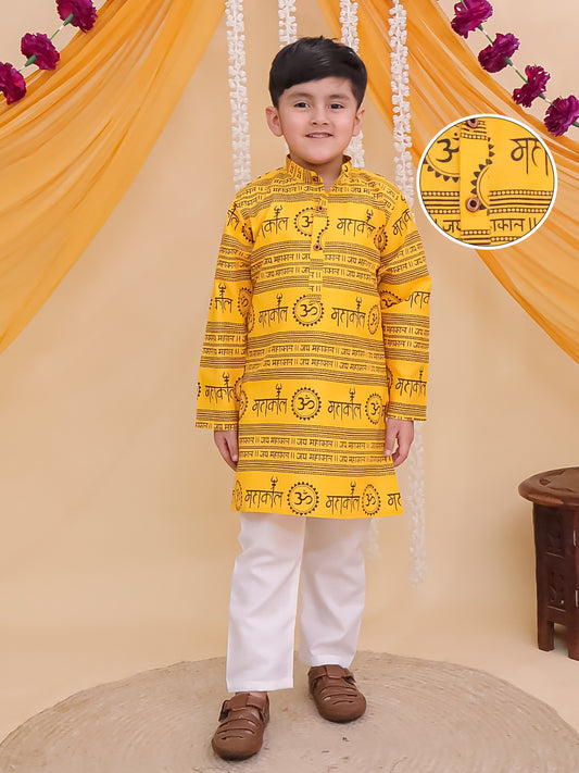 Boys Yellow Cotton Full sleeves Om Mahakal Printed Kurta Pyjama Set