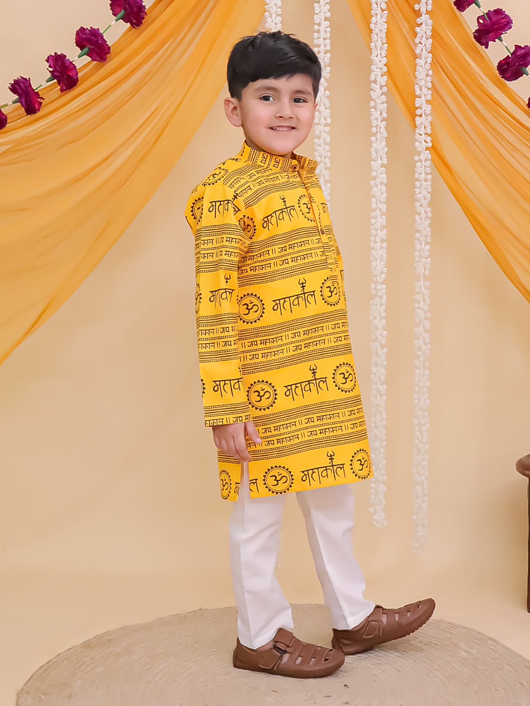Boys Yellow Cotton Full sleeves Om Mahakal Printed Kurta Pyjama Set