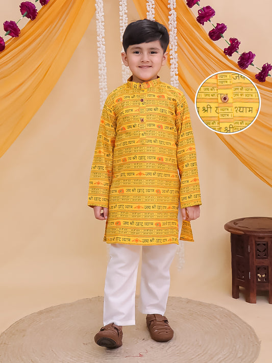 Boys Yellow Cotton Full sleeves Shri Syaam Printed Kurta Pyjama Set