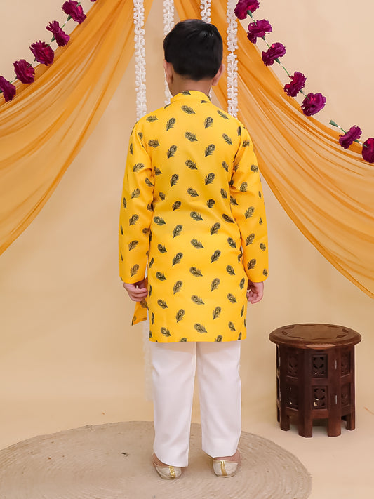 AJ Dezines Yellow Cotton Full sleeves Krishna Mor Pankh Printed Kurta Pyjama Set