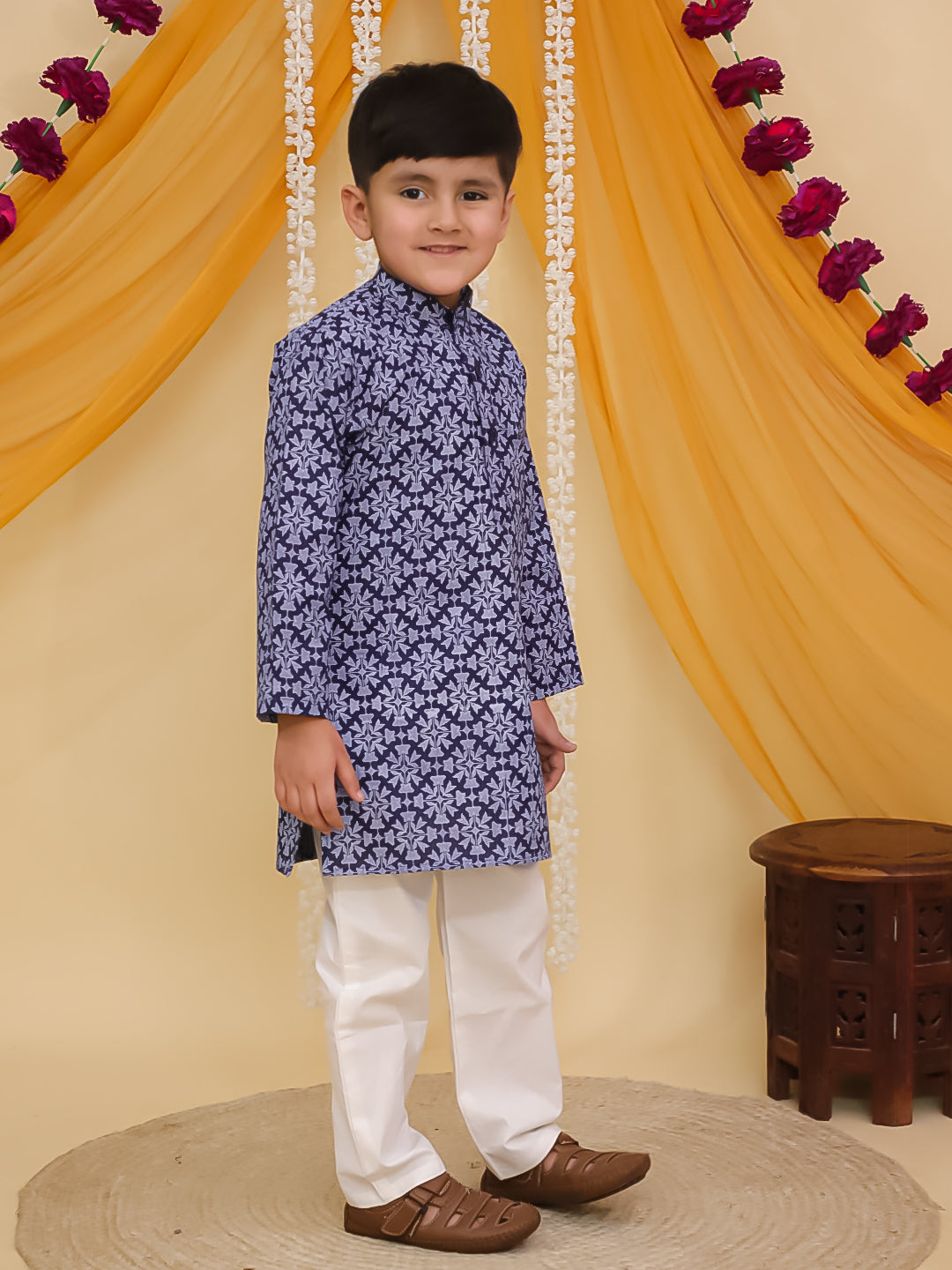 Boys Dark Blue Cotton Full sleeves Printed Kurta Pyjama Set