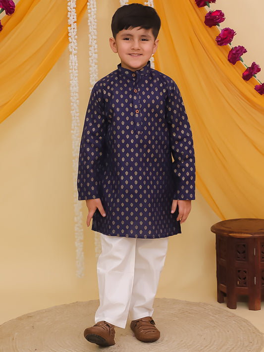 Boys Blue Cotton Full sleeves Foil Printed Kurta Pyjama Set
