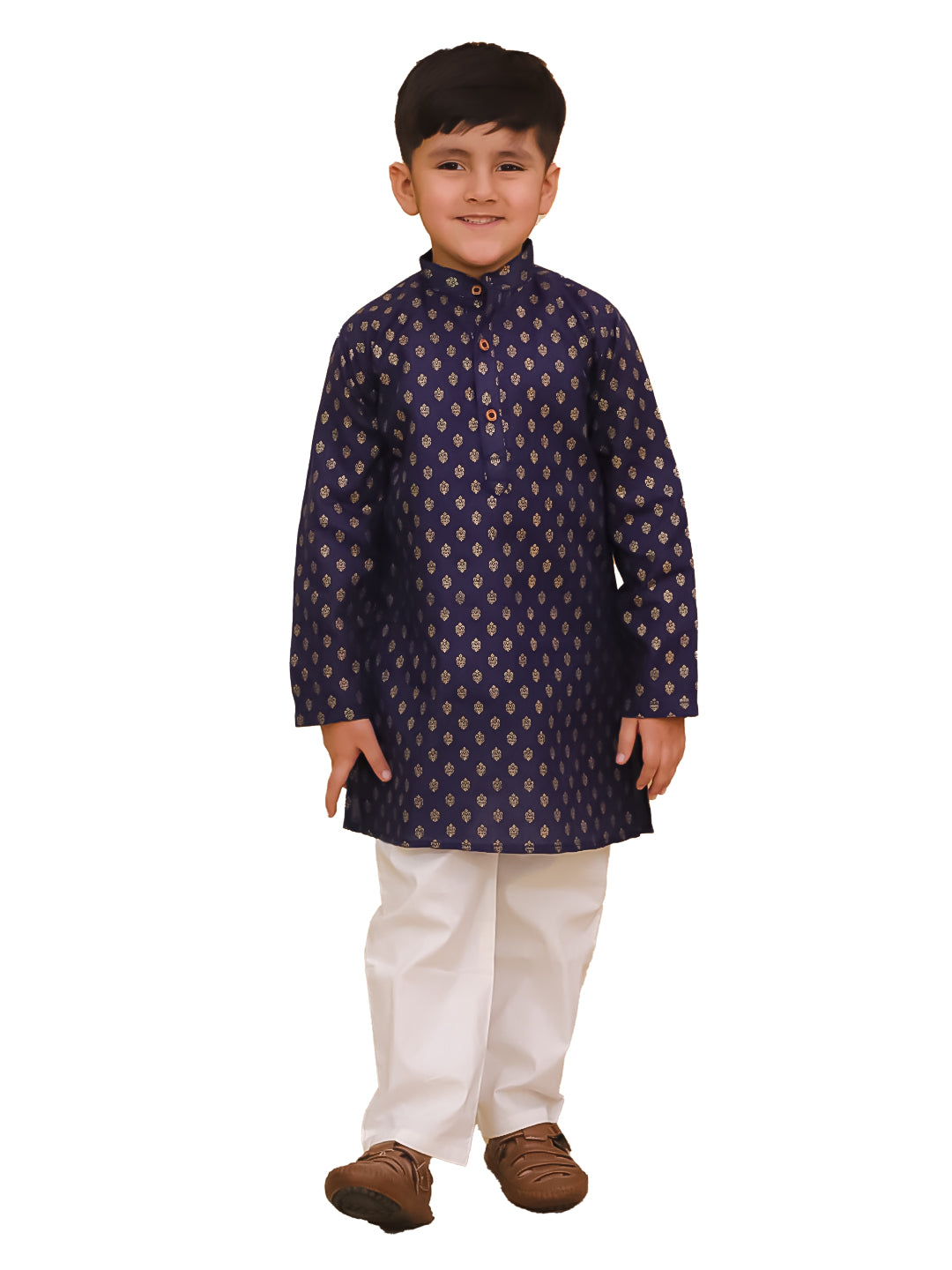 Boys Blue Cotton Full sleeves Foil Printed Kurta Pyjama Set