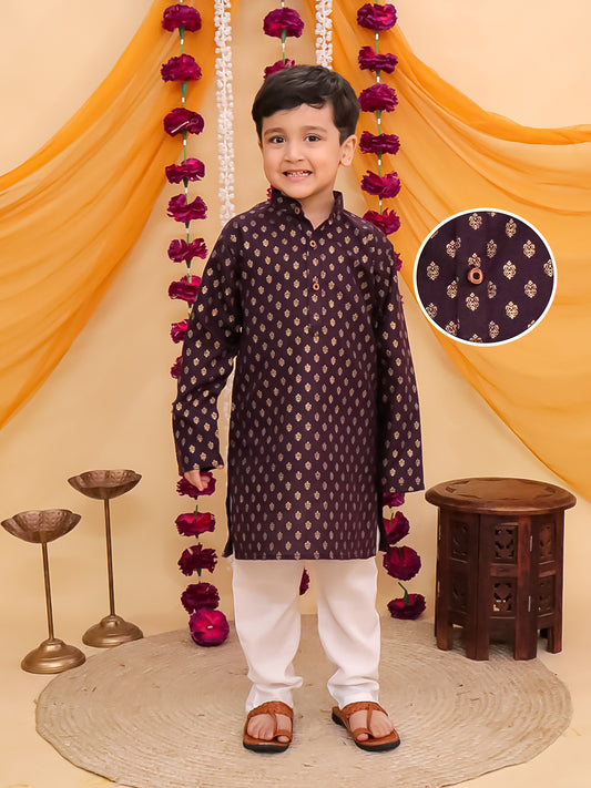 Boys Purple Cotton Full sleeves Foil Printed Kurta Pyjama Set