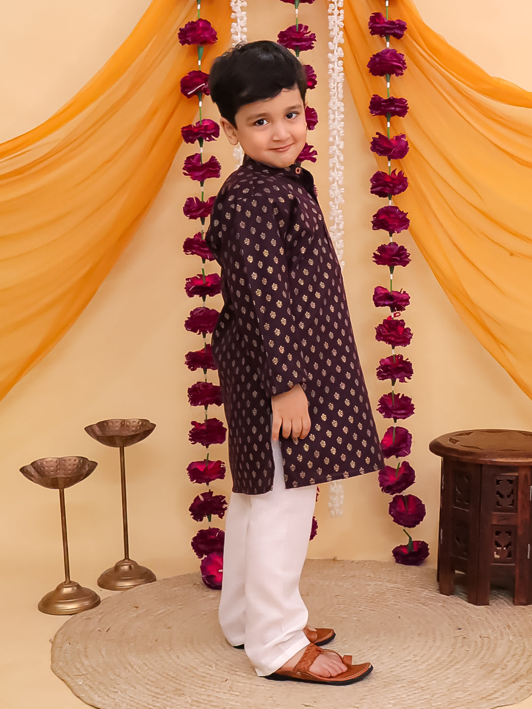 Boys Purple Cotton Full sleeves Foil Printed Kurta Pyjama Set
