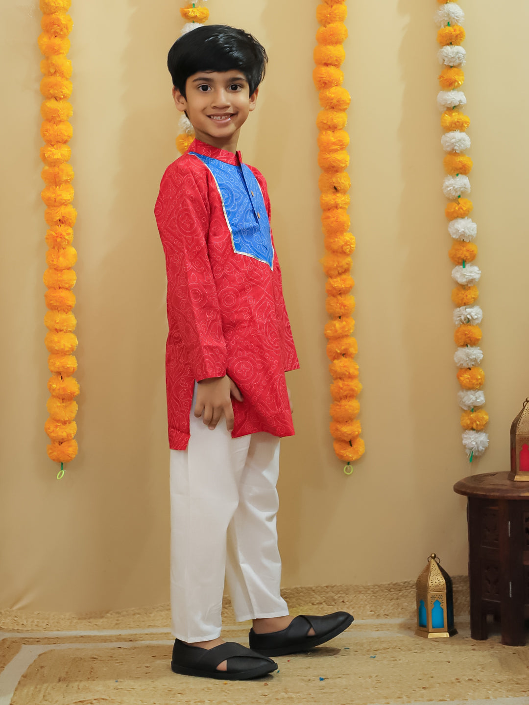 Boys Red Cotton Full sleeves Printed Kurta Pyjama Set