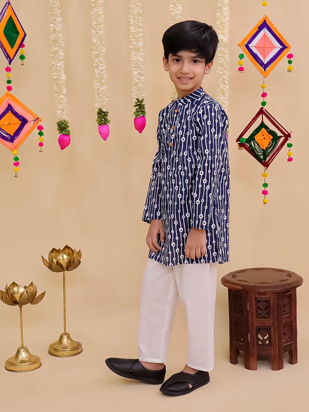 Boys Blue Cotton Full sleeves Printed Kurta Pyjama Set