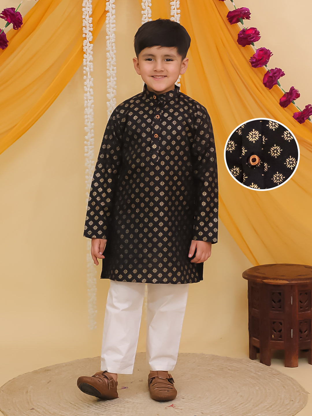 AJ Dezines Black Cotton Full sleeves Foil Printed Kurta Pyjama Set