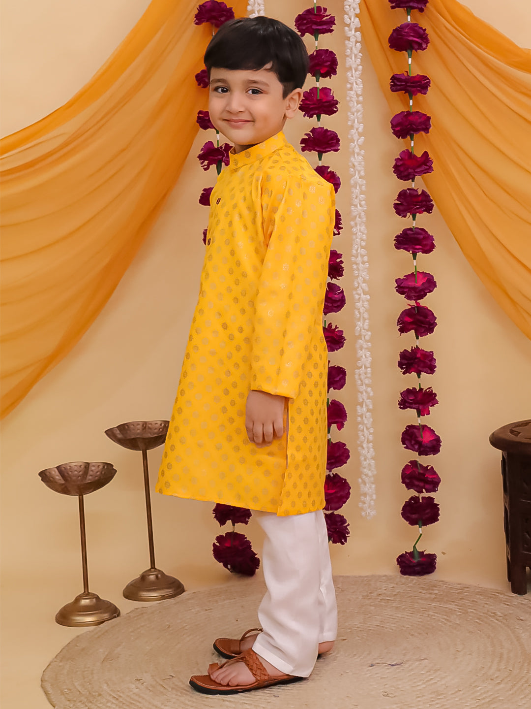 AJ Dezines Yellow Cotton Full sleeves Foil Printed Kurta Pyjama Set