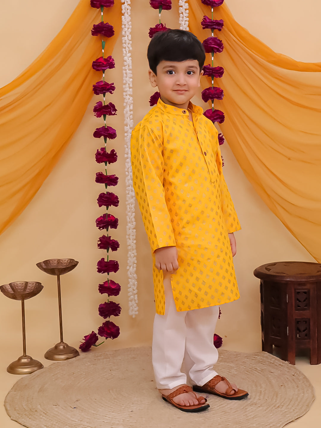 AJ Dezines Mustard Cotton Full sleeves Foil Printed Kurta Pyjama Set
