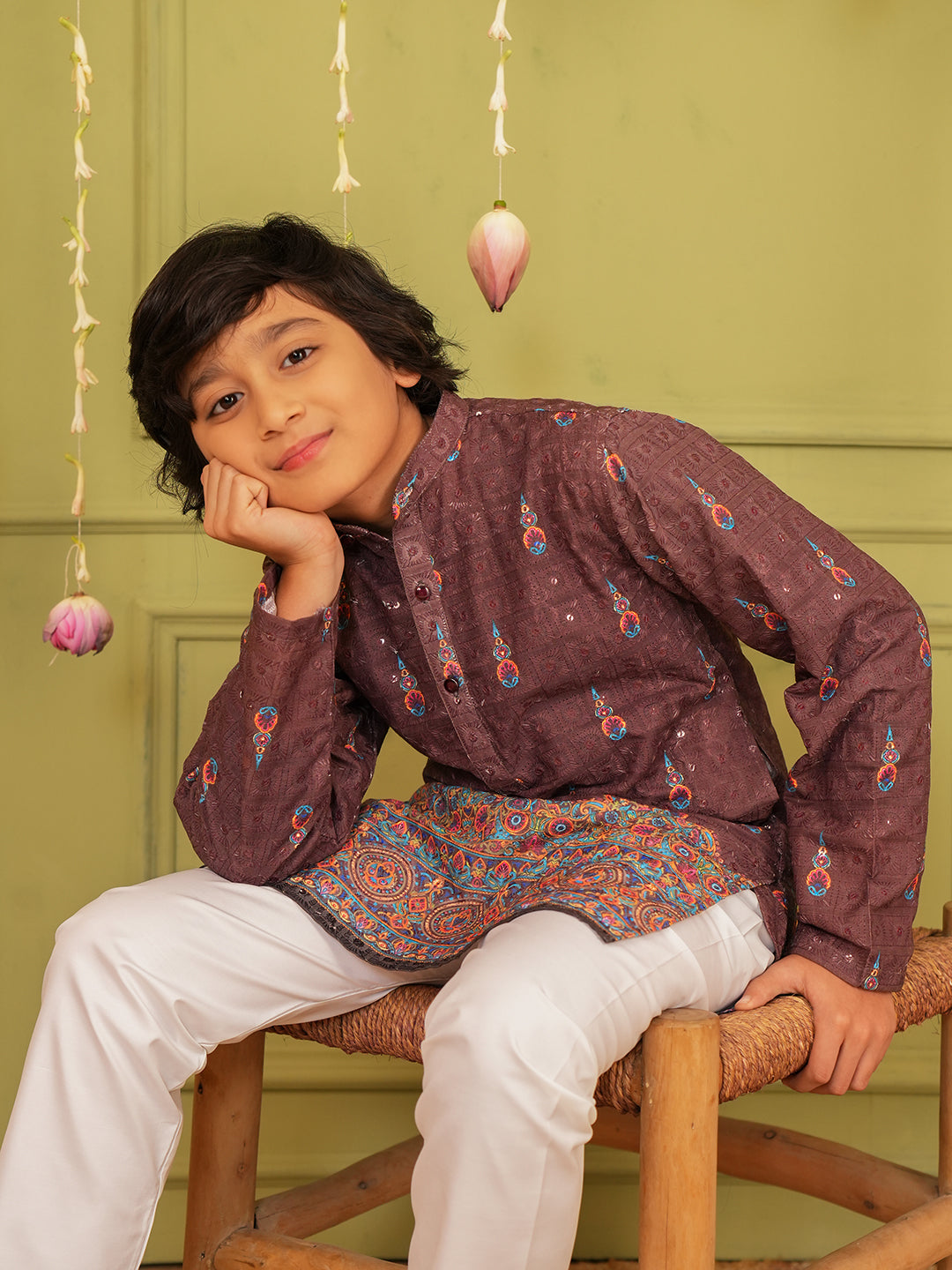Brown Trendy Printed Chikankari Kurta and Pyjama For Boys