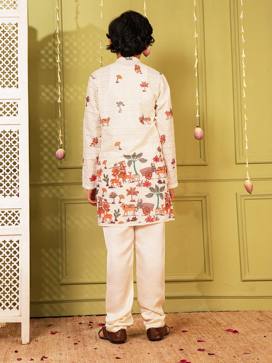 Cream Trendy Printed Chikankari Kurta and Pyjama For Boys