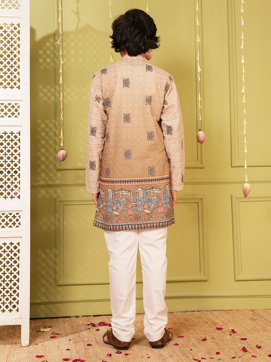 Light Brown Trendy Printed Chikankari Kurta and Pyjama For Boys
