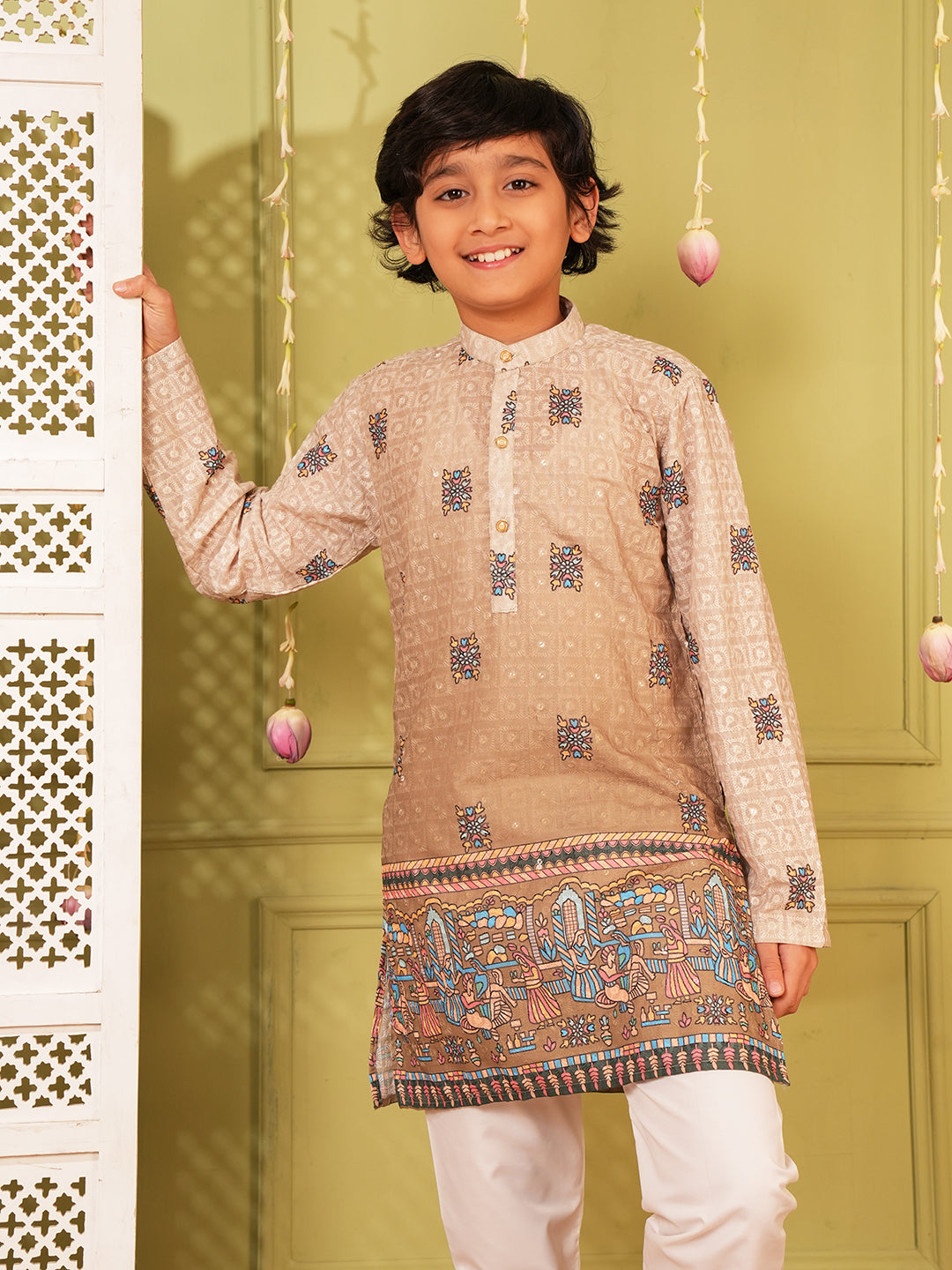 Light Brown Trendy Printed Chikankari Kurta and Pyjama For Boys