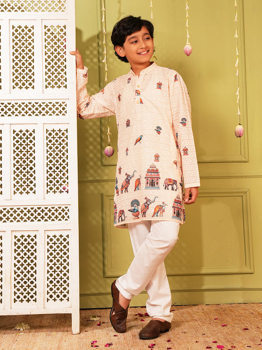 Cream Trendy Printed Chikankari Kurta and Pyjama For Boys