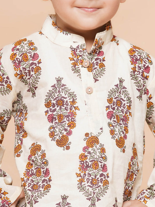 Boys Cream Off White Printed Pure Cotton Dhoti Set for Kids