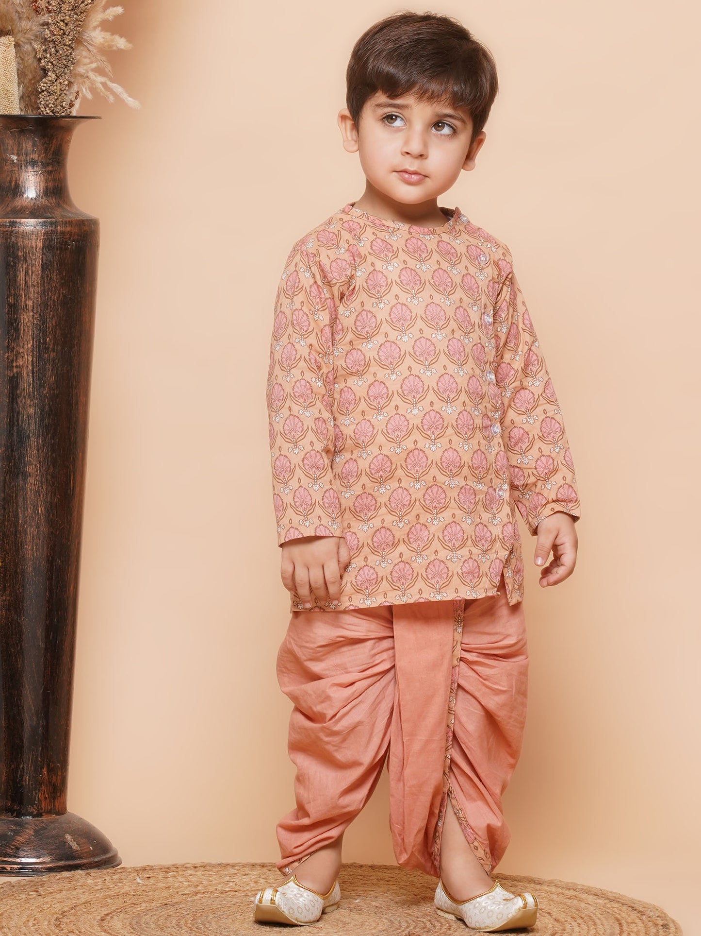 Boys Peach Block Print Pure Cotton Dhoti Kurta Set for Kids