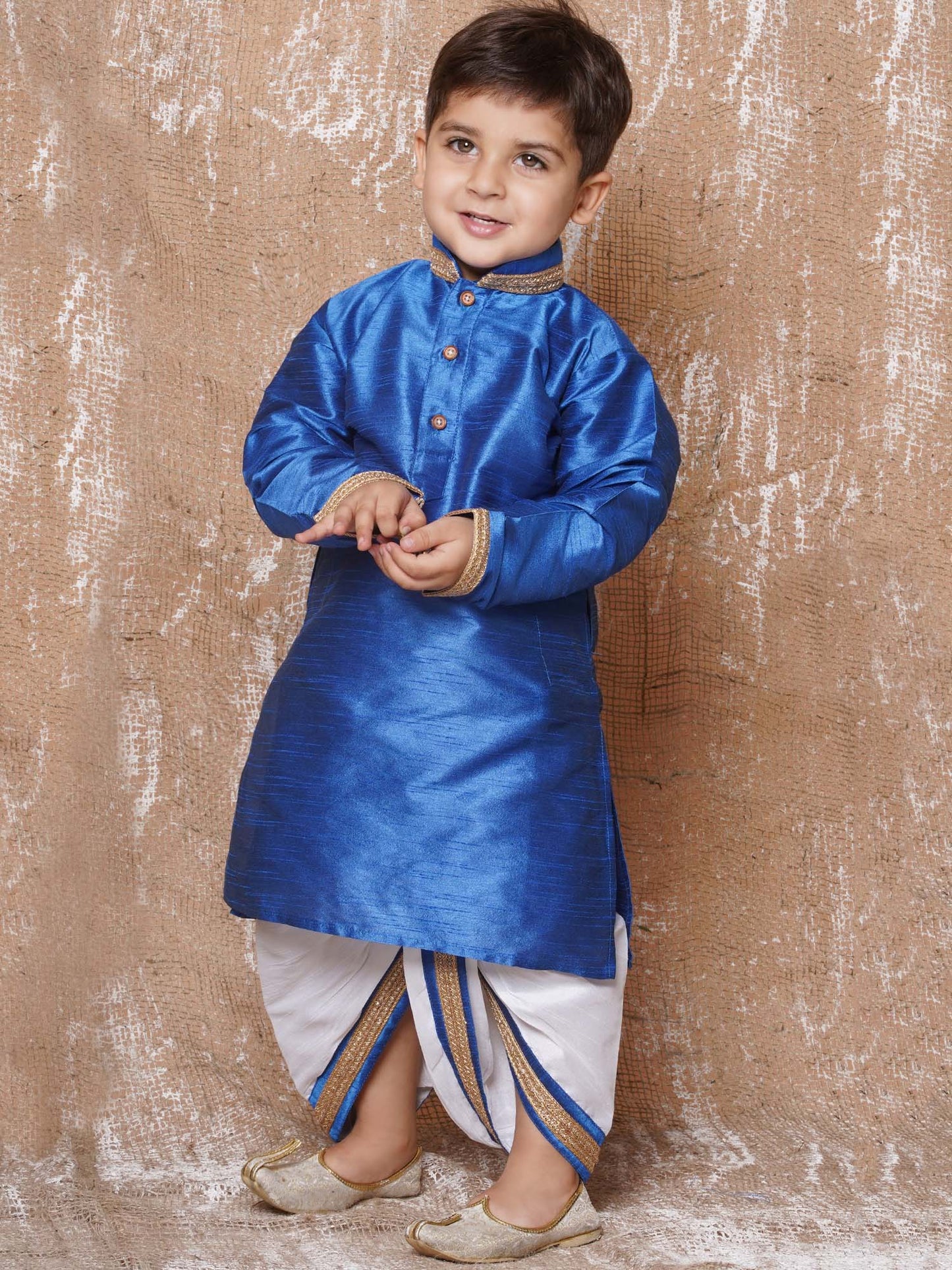 Kids Boys Blue Solid Silk Blend Dhoti Set