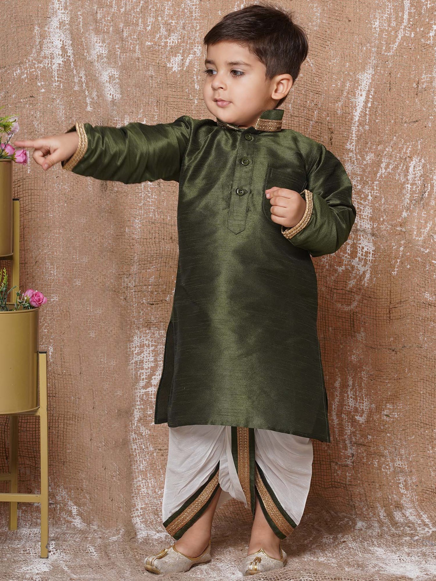 Kids Boys Green Solid Silk Blend Dhoti Set